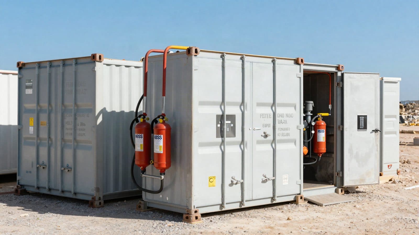 BESS containers with fire-suppression equipment in Mediterranean heat