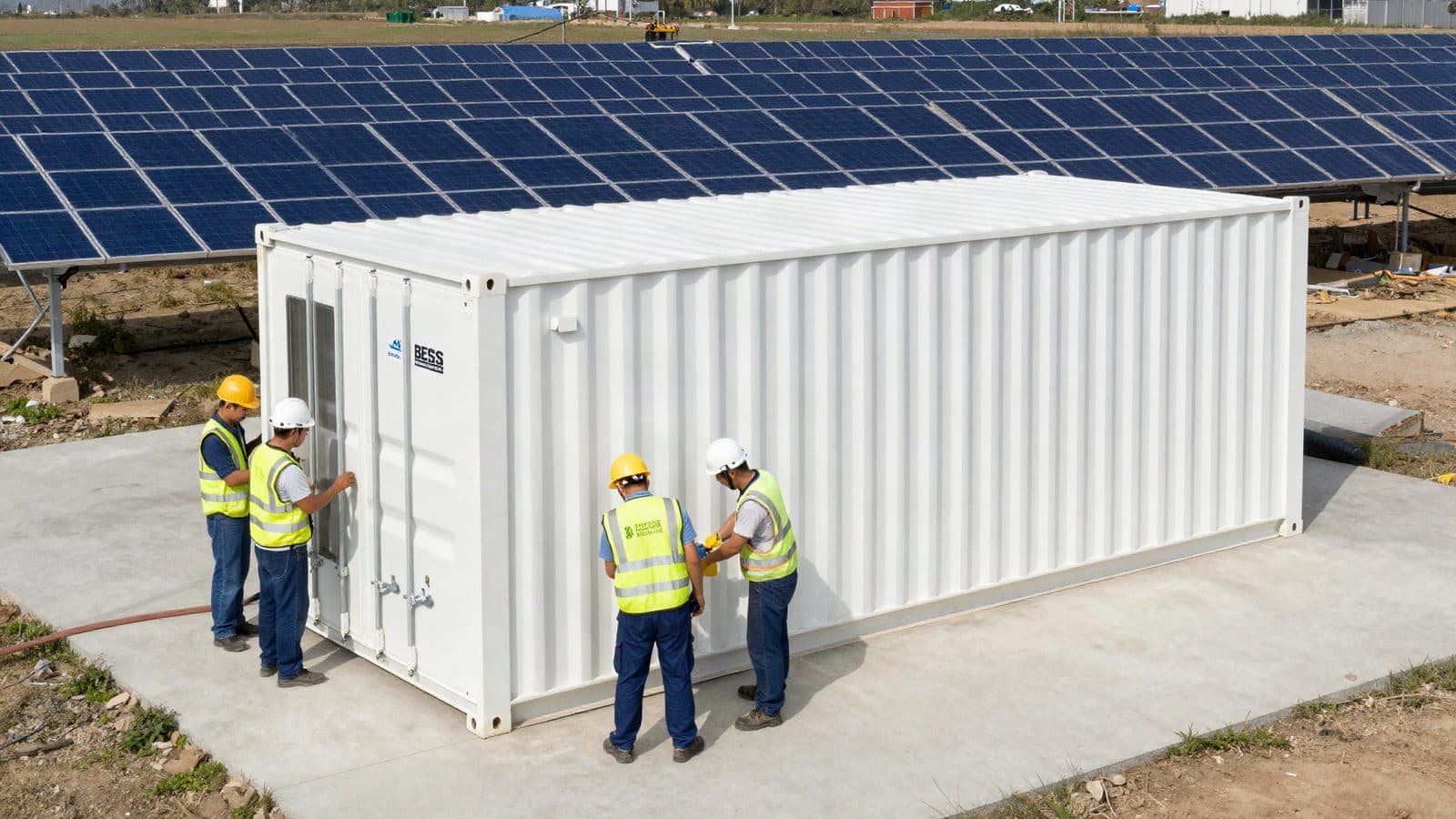 Technicians inspecting a white BESS container on a solar farm pad