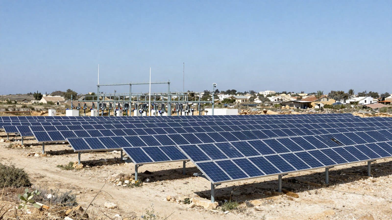 Cyprus solar farm and switchyard under unused midday sun