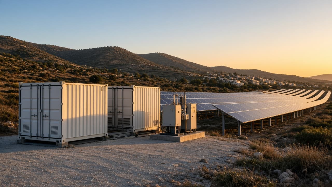 Battery containers beside a Cyprus solar park at golden hour
