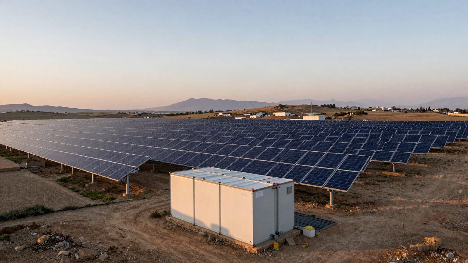 Cyprus solar farm and battery containers at dusk