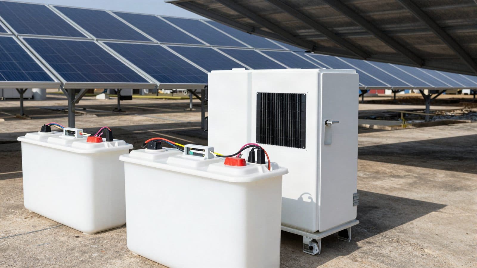 Solar inverters wired to white battery containers at a PV park