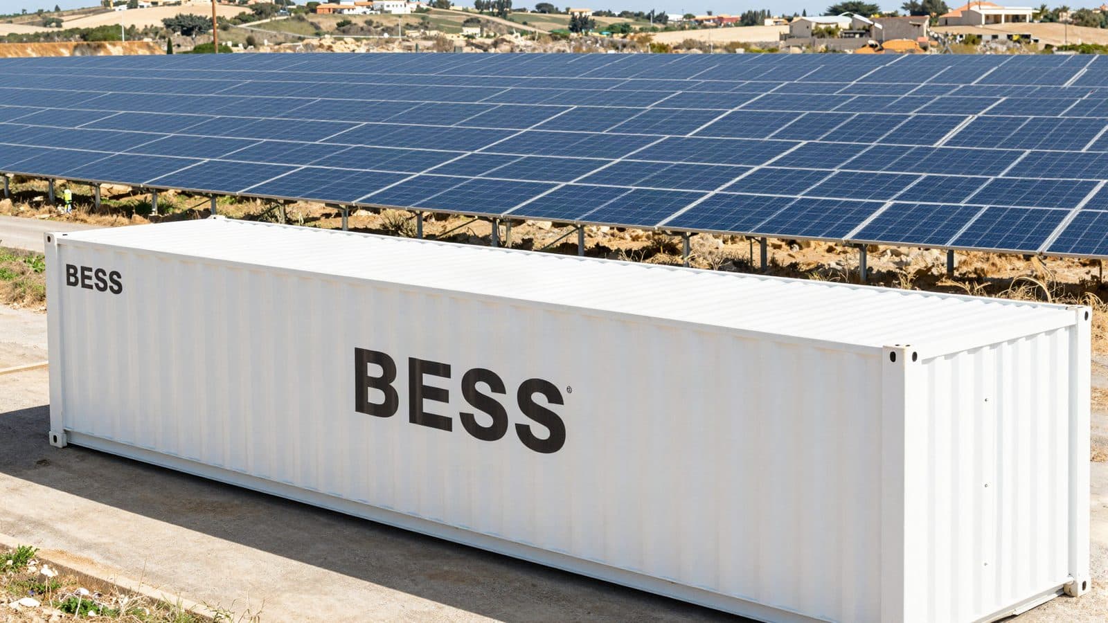 White BESS container beside a Cyprus solar farm