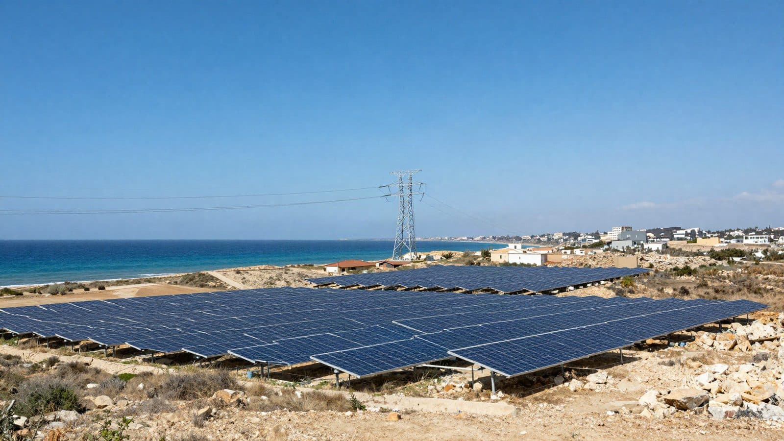 Coastal Cyprus solar farm with a transmission tower