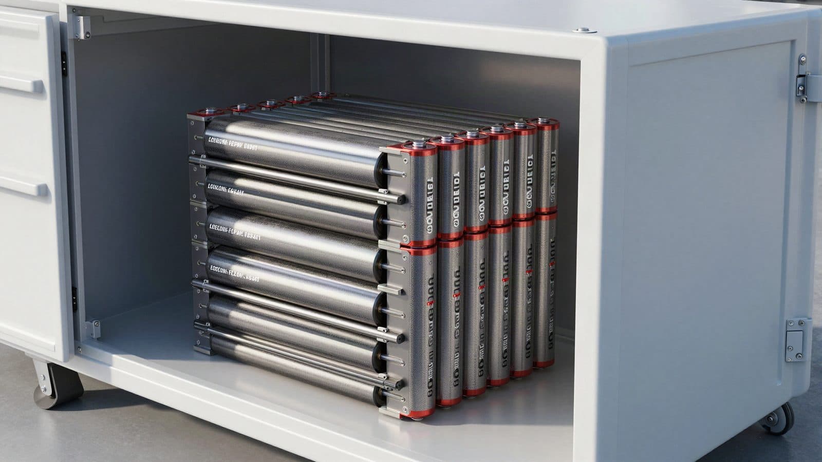 Stacked LFP battery modules inside an energy storage container