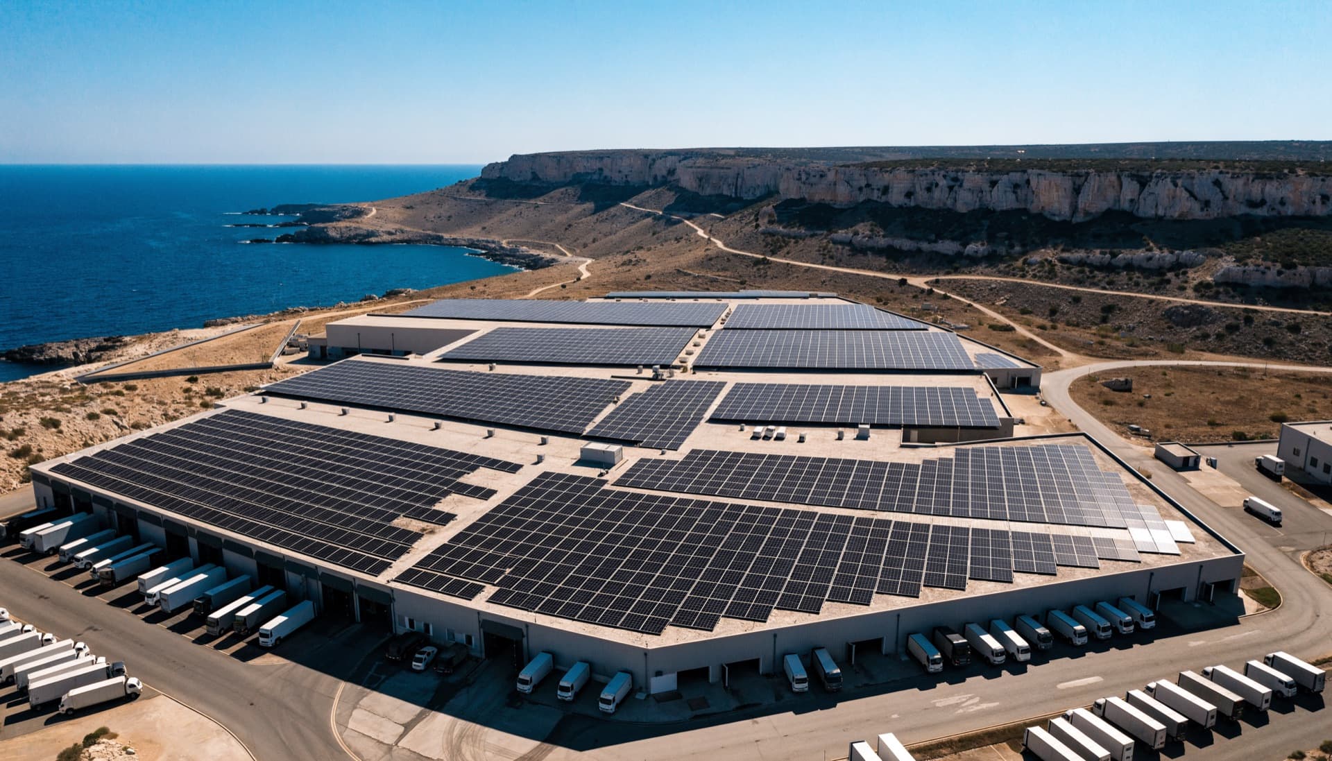 Industrial rooftop solar array on a Cyprus warehouse complex